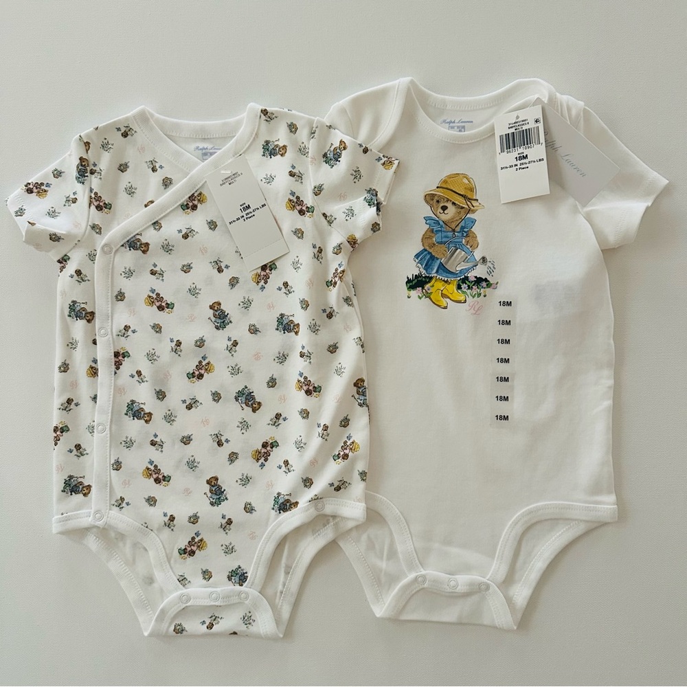 Ralph Lauren 18 Months Baby Girl 2-pk White Floral Bear Print Bodysuits Spring